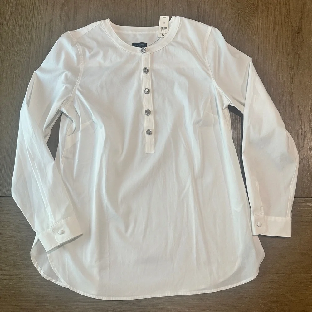 Talbots White Tunic Top Blouse Long Sleeve Jeweled Buttons Size Medium - Picture 4 of 10